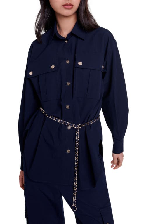 Shop Maje Belted Long Shirt In Navy