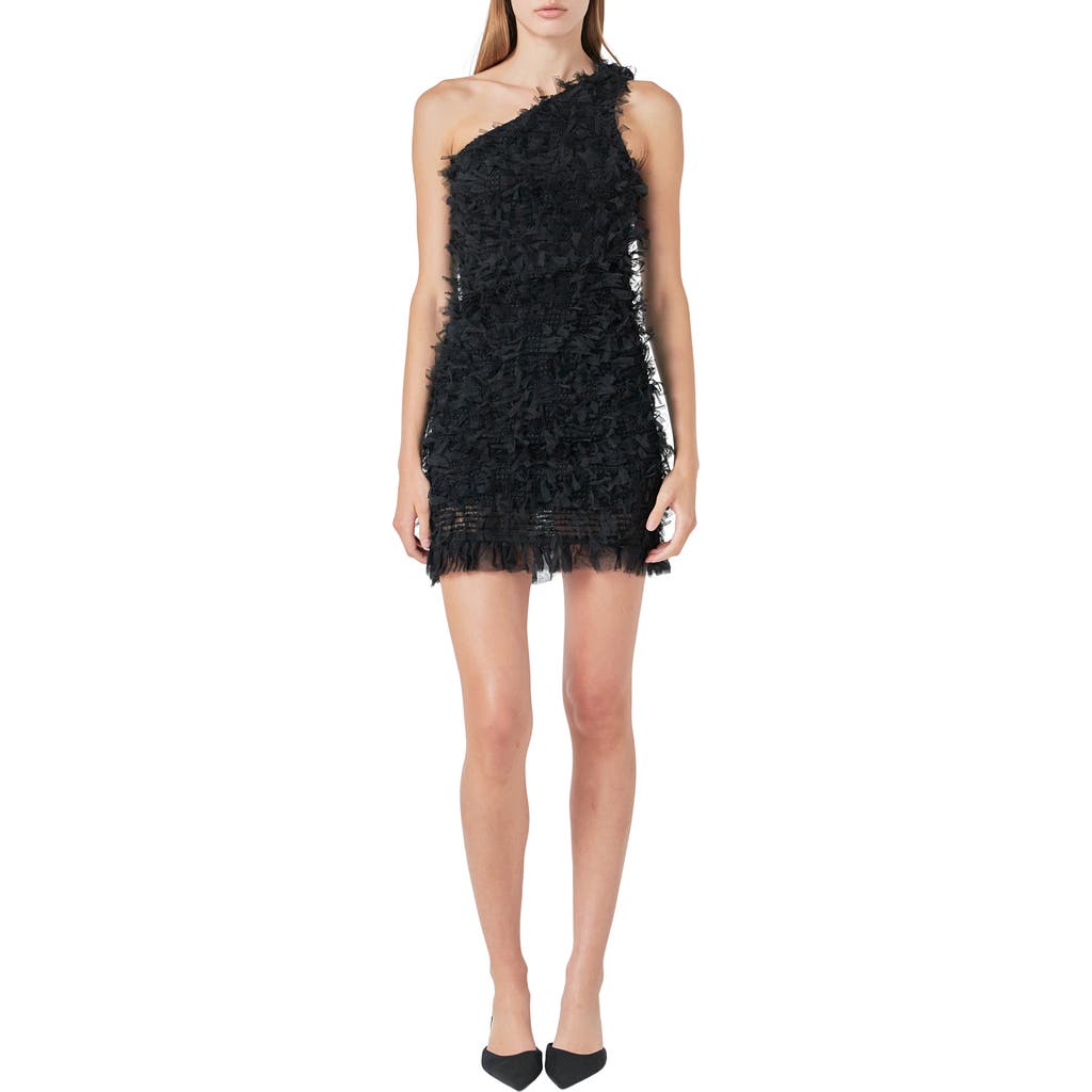 Endless Rose One-shoulder Mesh Fringe Minidress In Black