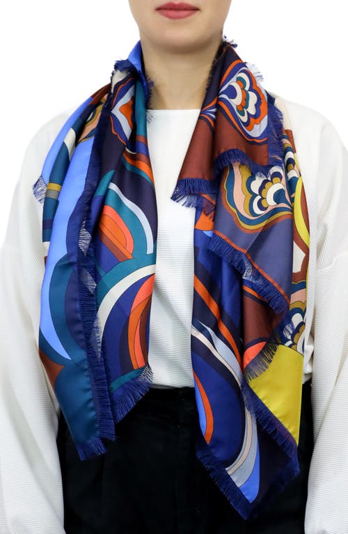 Reversible Print Silk Twill Fringe Scarf in Blue/Red