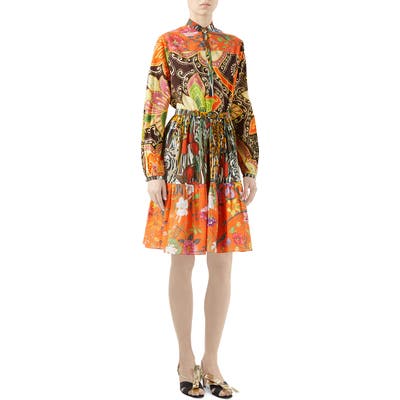 Gucci Mussola Patchwork Print Long Sleeve Cotton Dress, US / 44 IT - Orange