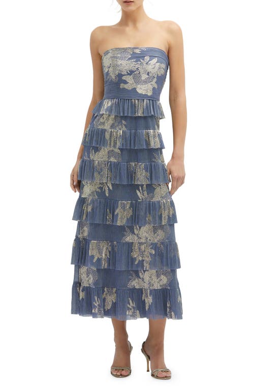 Floral Print Ruffle Strapless Dress in French Blue