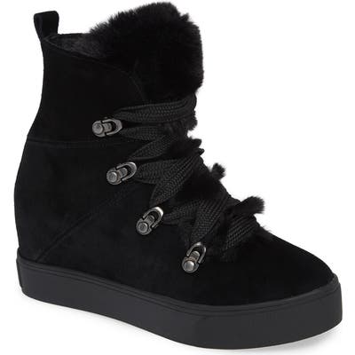 Jslides Whitney Faux Fur Trim High Top Sneaker, Black