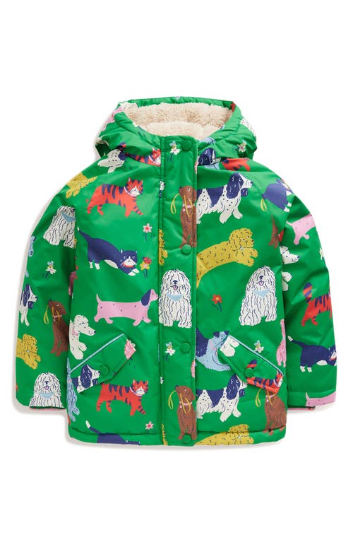 Shop Mini Boden Kids' Pets Print Zip-up Hooded Puffer Jacket In Green Park Play