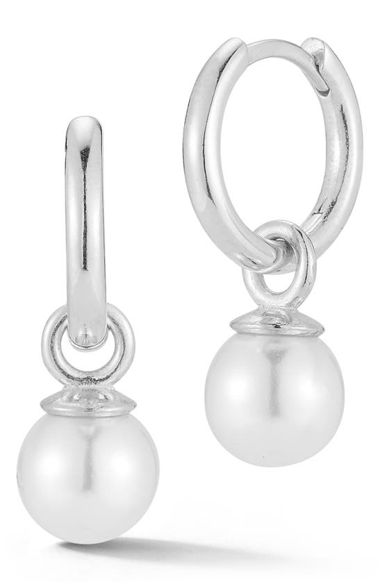 Sphera Milano Rhodium Plated Sterling Silver 7.5–8mm Cultured Pearl Drop Huggie Hoop Earrings In Silver