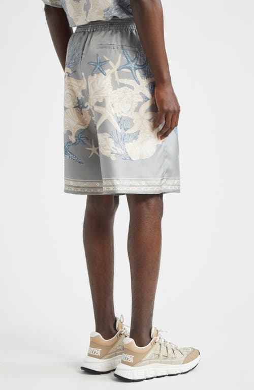 Shop Versace Barocco Sea Print Silk Twill Shorts In Cocrete Dusty Blue Bone