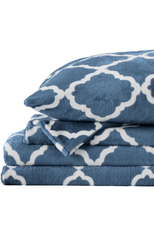 Shop Woven & Weft Printed Plush Velour Sheet Set In Lattice - Smoke Blue/white