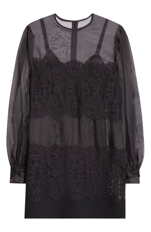 Shop Dolce & Gabbana Dolce&gabbana Lace Paneled Long Sleeve Sheer Silk Blend Organza Dress In N0000 Nero