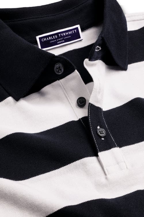 Solid Short Sleeve Cotton Tyrwhitt Pique Polo in Navy & White