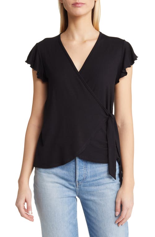 Loveappella Flutter Sleeve Jersey Wrap Top Black at Nordstrom,