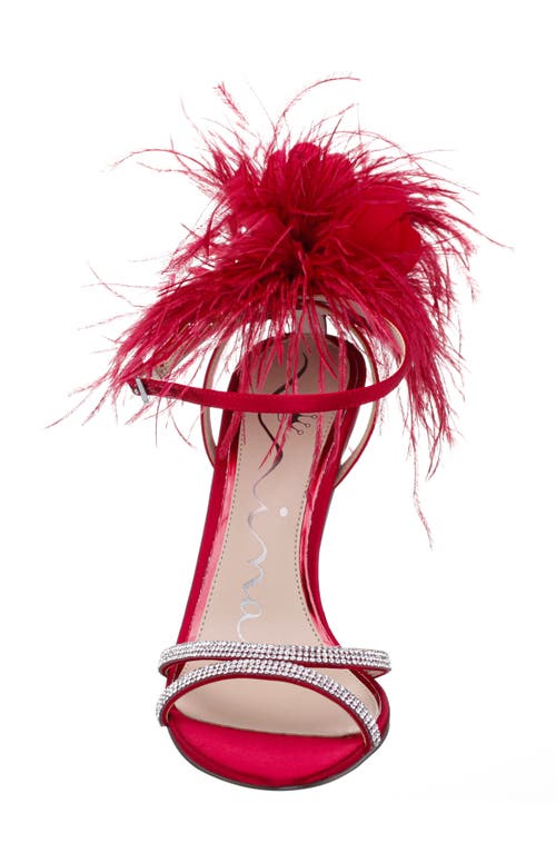 Nina Demi Faux Feather Ankle Strap Sandal In Red