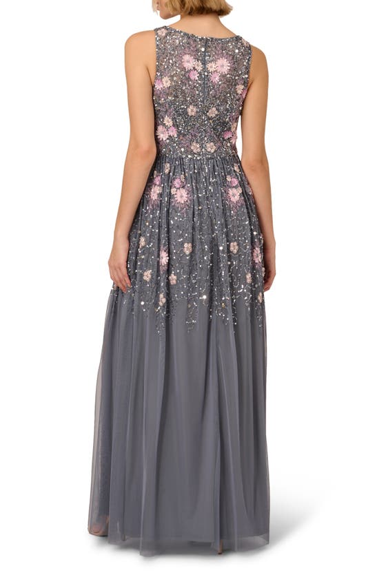 Shop Adrianna Papell Floral Beaded Sleeveless Mesh Gown In Dusty Blue Multi