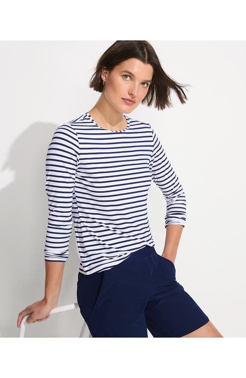 Shop Lands' End Crew Neck Long Sleeve Rash Guard Upf 50 Sun Protection Swim Tee In White/deep Sea Stripe