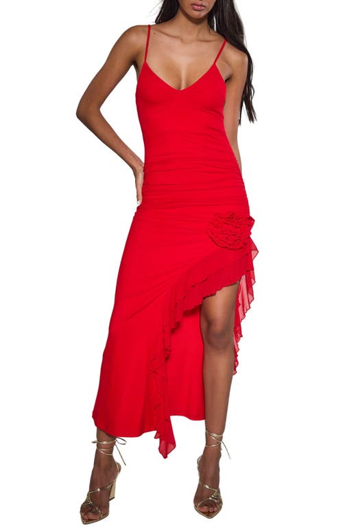 Rosette Detail Asymmetric Cocktail Dress in Red