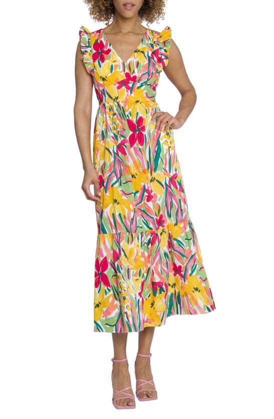 Maggy London Floral Ruffle Tiered Maxi Dress In Soft White/ Yellow