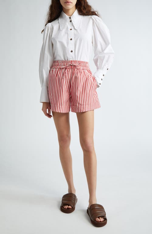 Shop Ganni Stripe Organic Cotton Shorts In Barbados Cherry