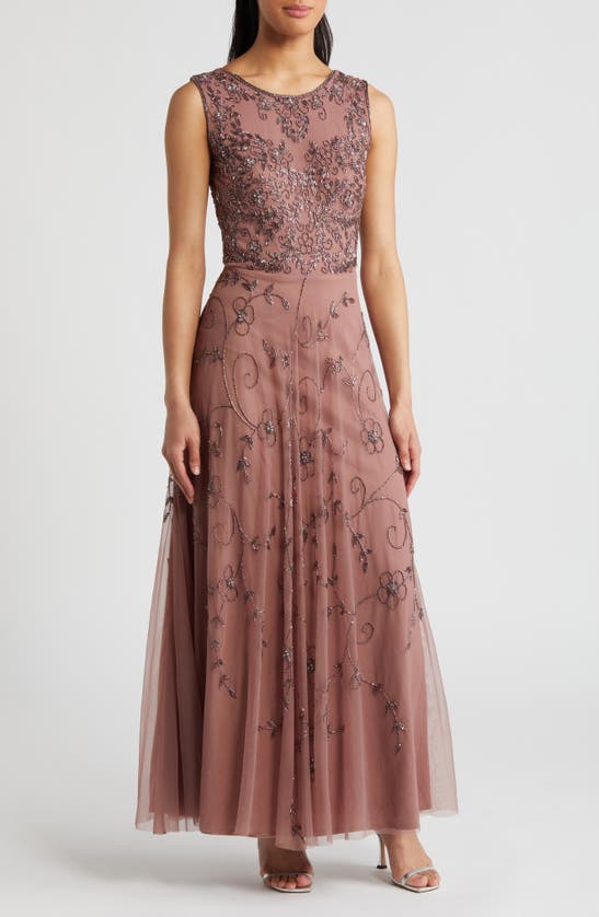 Pisarro Nights Beaded Mesh Gown With Jacket In New Mauve