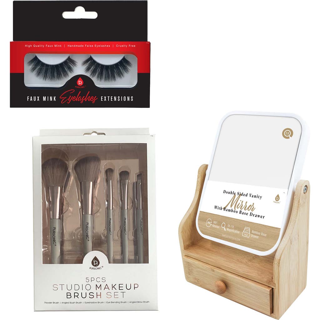Pursonic 5pc Studio Makeup Brush Set + False Eyelashes Extensions + Dual-sided Vanity Mirror In Beige