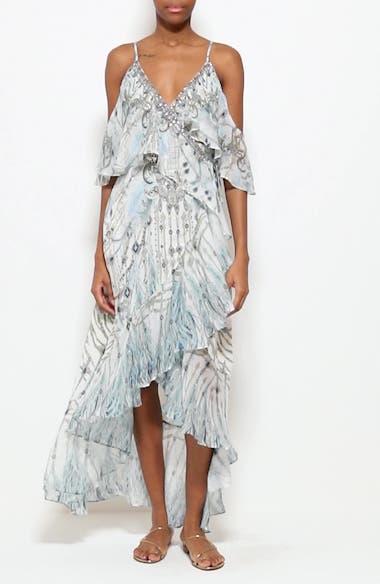 Camilla Moon and Back Ruffle Overlayer High-Low Silk Wrap Dress | Nordstrom