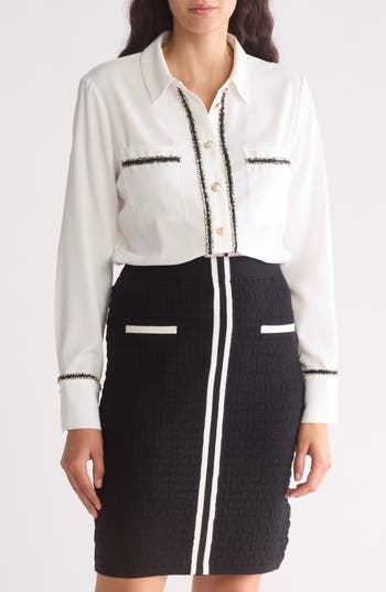 Ellen Tracy Tweed Trim Long Sleeve Button-up Shirt In Marshmallow
