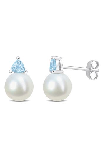 Delmar Freshwater Pearl & Aquamarine Drop Earrings In Sky Blue Topaz