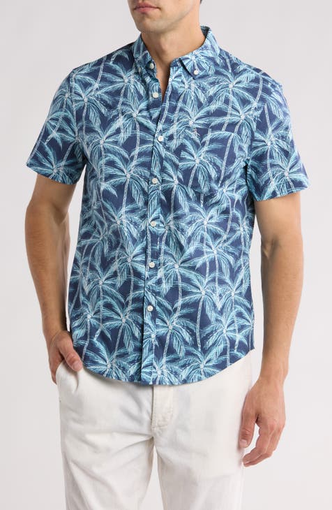 Palm Print Short Sleeve Stretch Poplin Button-Up Shirt