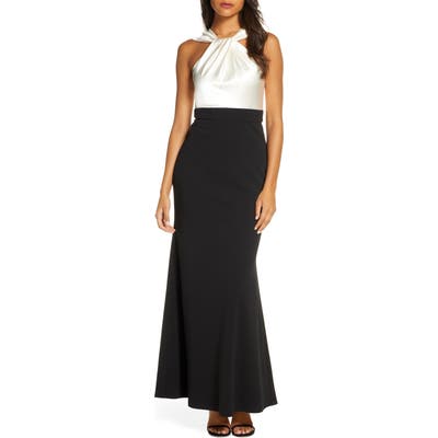 Eliza J Twist Front Satin Bodice Trumpet Gown, Black