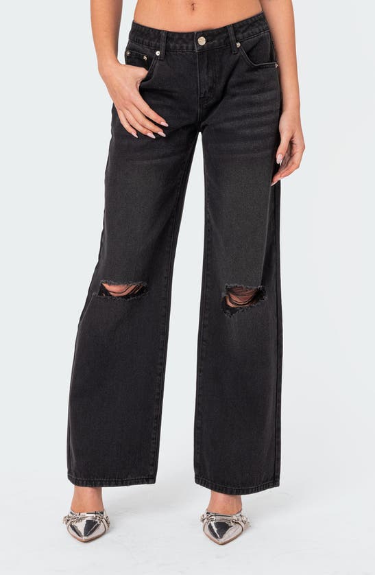 Shop Edikted Debbie Ripped Low Rise Wide Leg Jeans In Black