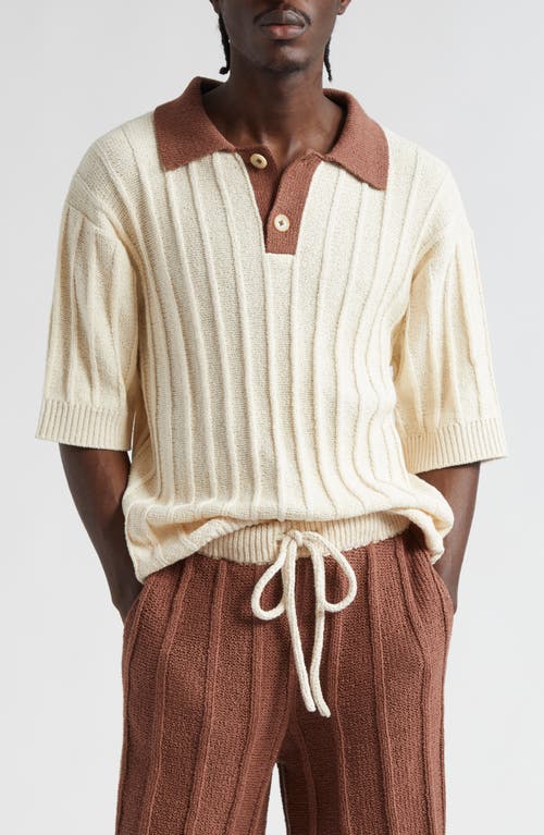 The Elder Statesman Beach Guy Rib Cotton Polo Sweater In Natural/cinnamon