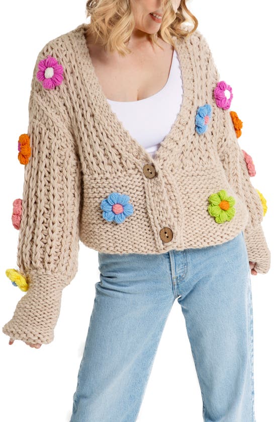 Saachi Chunky Floral Crochet Cardigan In Taupe
