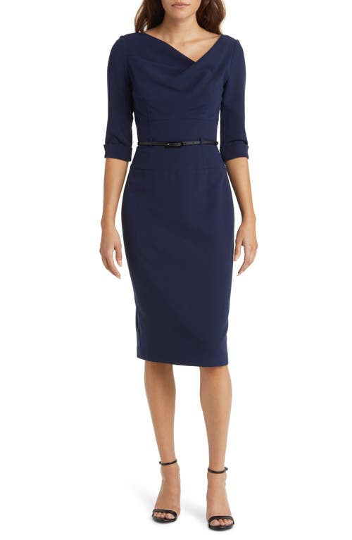 Black Halo Belted Drape Neck Sheath Dress in Pacific Blue