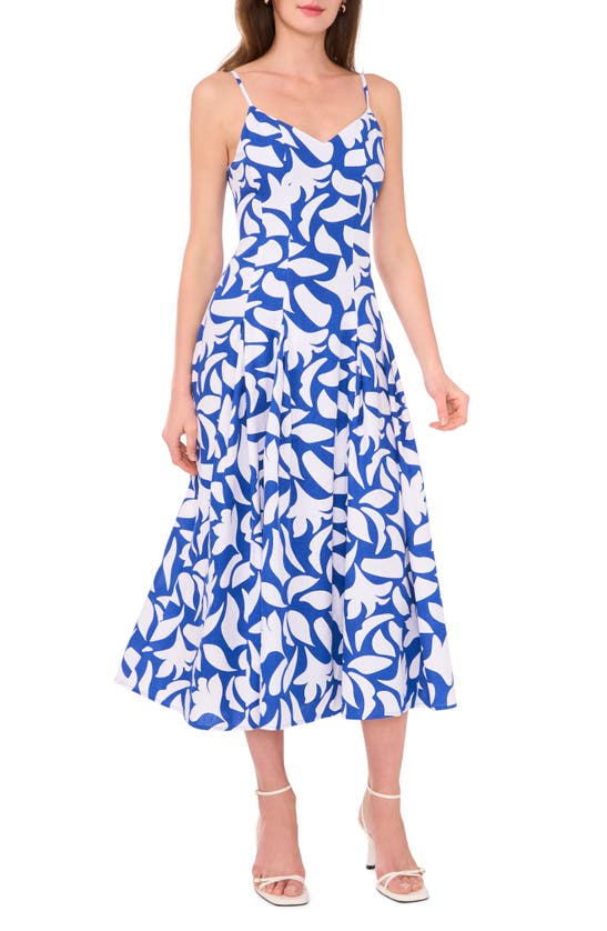 Shop Halogen (r) Floral Godet Pleat Linen Blend Midi Dress In Classic Blue