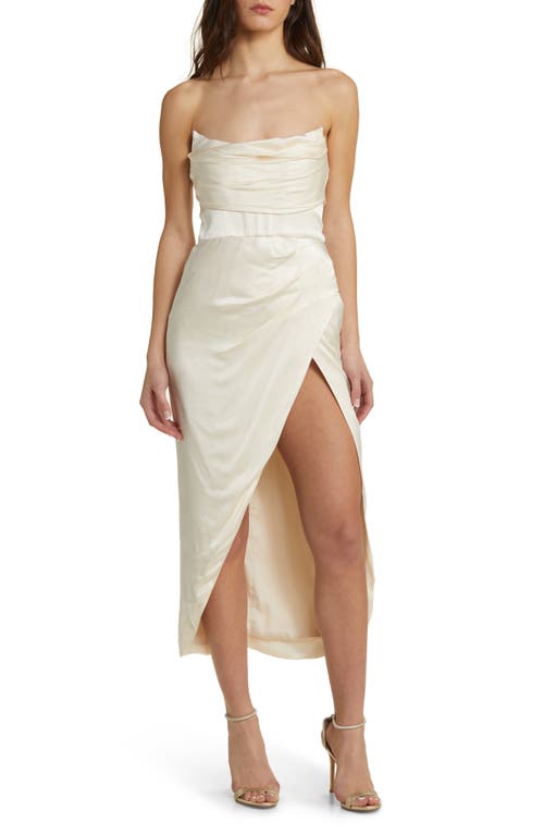 Bardot Elio Draped Strapless Satin Corset Cocktail Dress In Gold/ivory