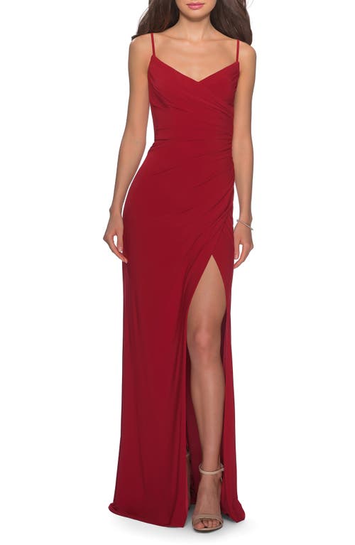 La Femme Ruched Jersey Trumpet Gown in Deep Red