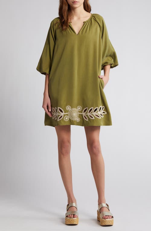 CIEBON Krista Embroidered Detail Trapeze Minidress Olive Green at Nordstrom,