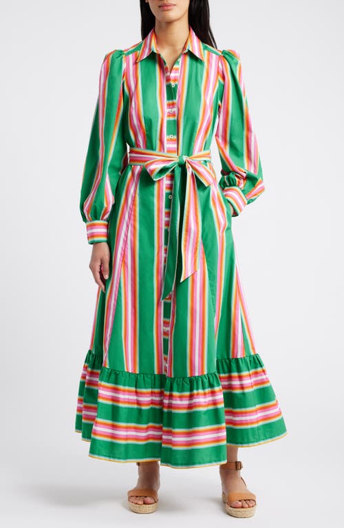 Boden Long Sleeve Tie Belt Midi Shirtdress Green Tambourine And Pink at Nordstrom,