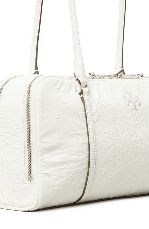 Shop Tory Burch T Monogram Small Metallic Marshmallow Satchel In White