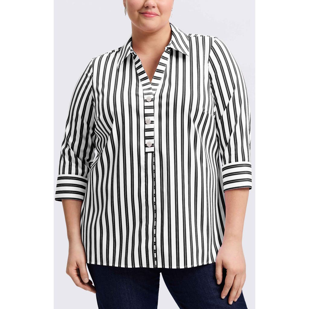 Foxcroft Pamela Stripe Cotton Blend Tunic Shirt In Black/white