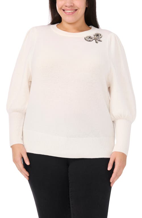 Shop Cece Rhinestone Bow Appliqué Sweater In Antiq White