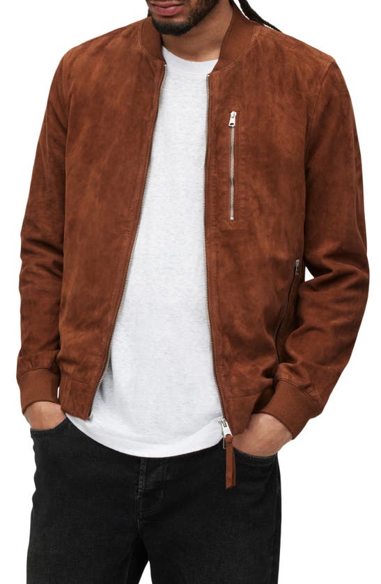 Allsaints Kemble Suede Bomber Jacket In Aged Walnut Brown