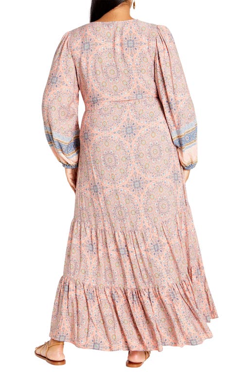 City Chic Clover Tie Belt Button Front Long Sleeve Maxi Dress In Peachy Border