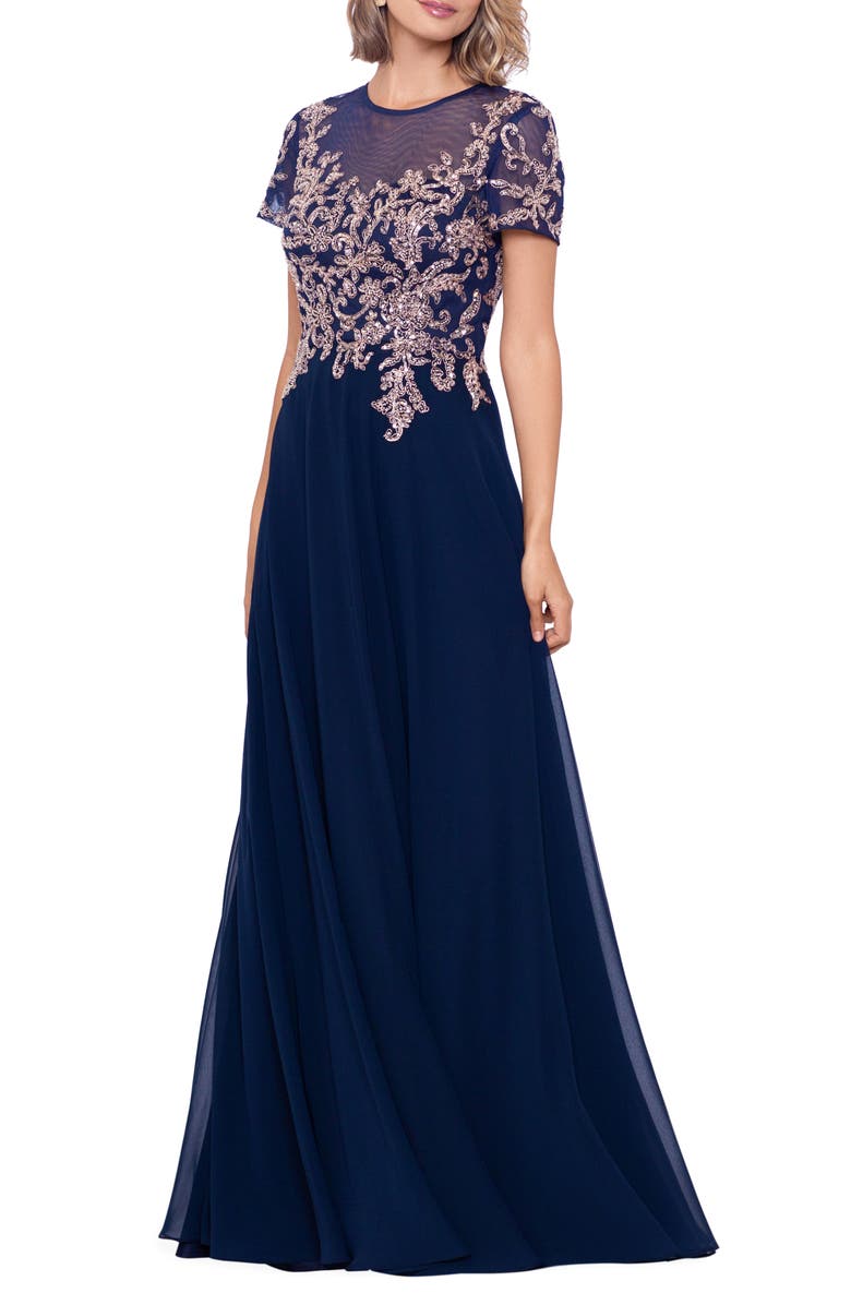 Betsy & Adam Cap Sleeve Embellished Pleated Gown | Nordstrom