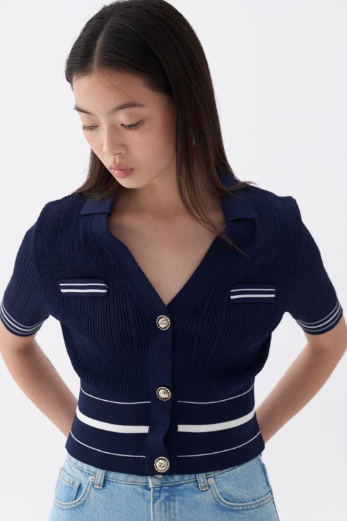 Nocturne Short Sleeve Buttoned Knit Cardigan in Navy Blue at Nordstrom