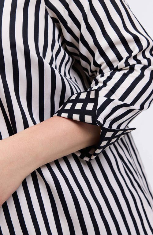 Foxcroft Agnes Stripe Long Sleeve Cotton Sateen Top In Black/white