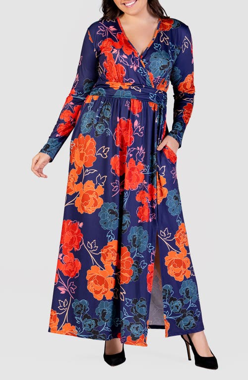 Shop 24seven Comfort Apparel Floral Long Sleeve Wrap Front Knit Maxi Dress In Orange Multi