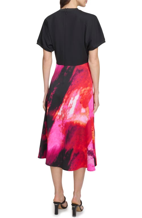 Shop Dkny Mixed Media Satin Midi Dress In Black/shocking Pink Multi