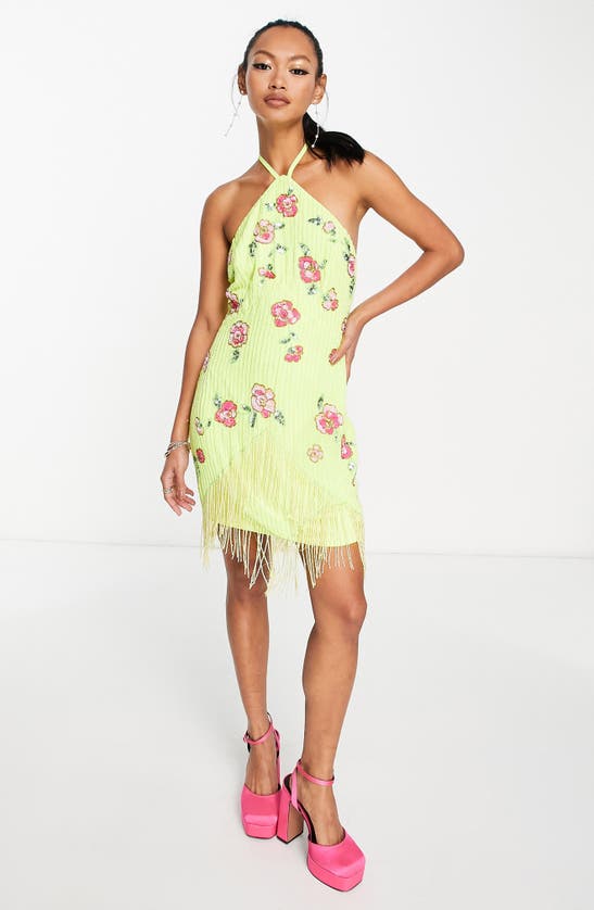 Asos Design Floral Embellishment Tassel Halter Neck Mini Dress In Yellow-green