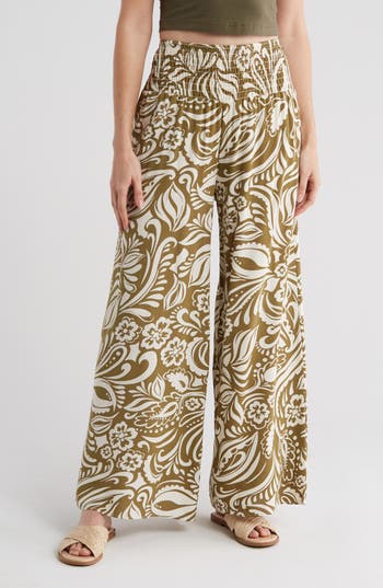 Philosophy By Rpublic Clothing Smocked Wide Leg Pants In Paisley Floral Green/ivory
