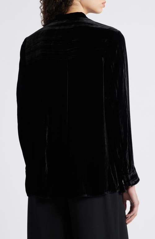 Shop Eileen Fisher Crushed Velvet Band Collar Button-up Shirt In Black