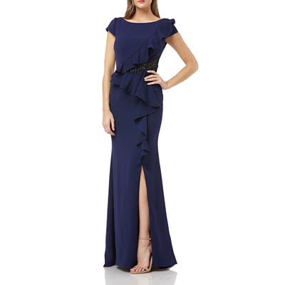 Carmen Marco Valvo Infusion Cap Sleeve Ruffle Gown, Blue