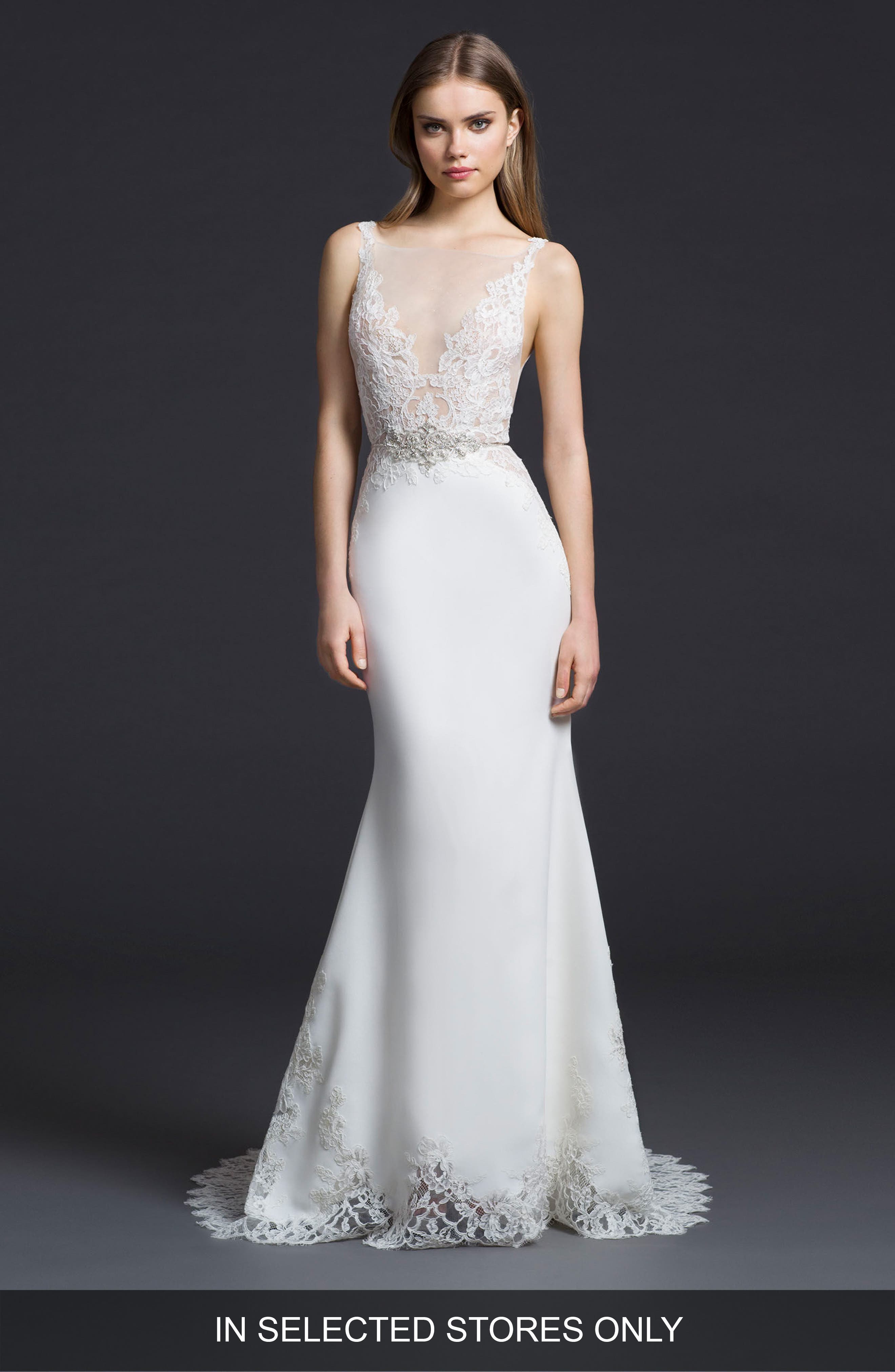 Lazaro Illusion V-Neck Trumpet Gown, Size IN STORE ONLY - Ivory